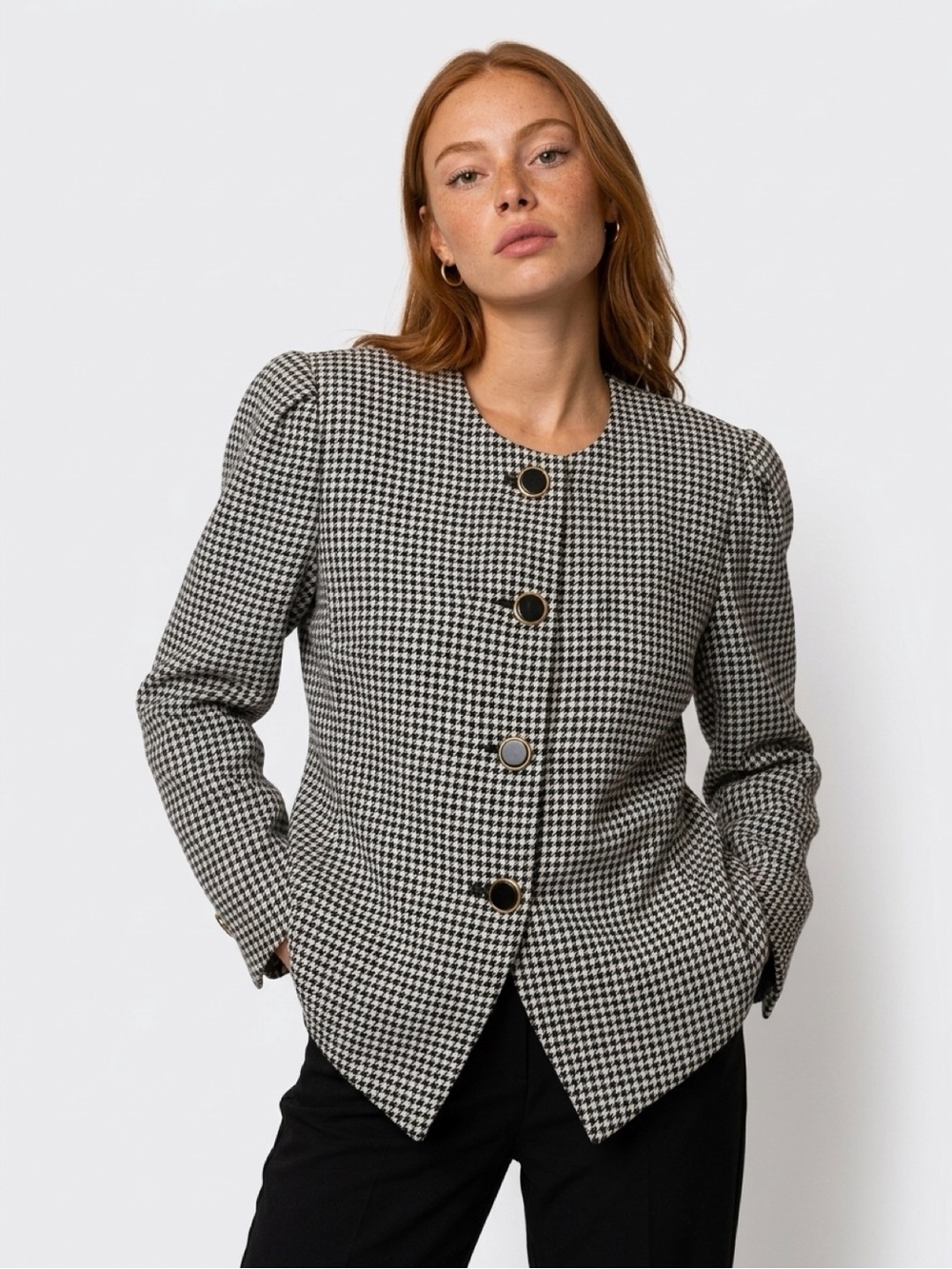 Kasper Black and White Houndstooth Peplum Blazer with Gold-Trim Buttons